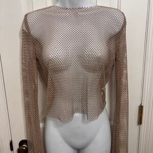 Long Sleeve Tan Gold Rhinestone Mesh Lingerie Body Rage Rave Top One Size OS